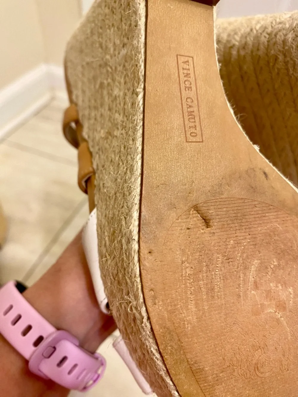 Vince Camuto Tan and White Espadrille Wedge Sandals